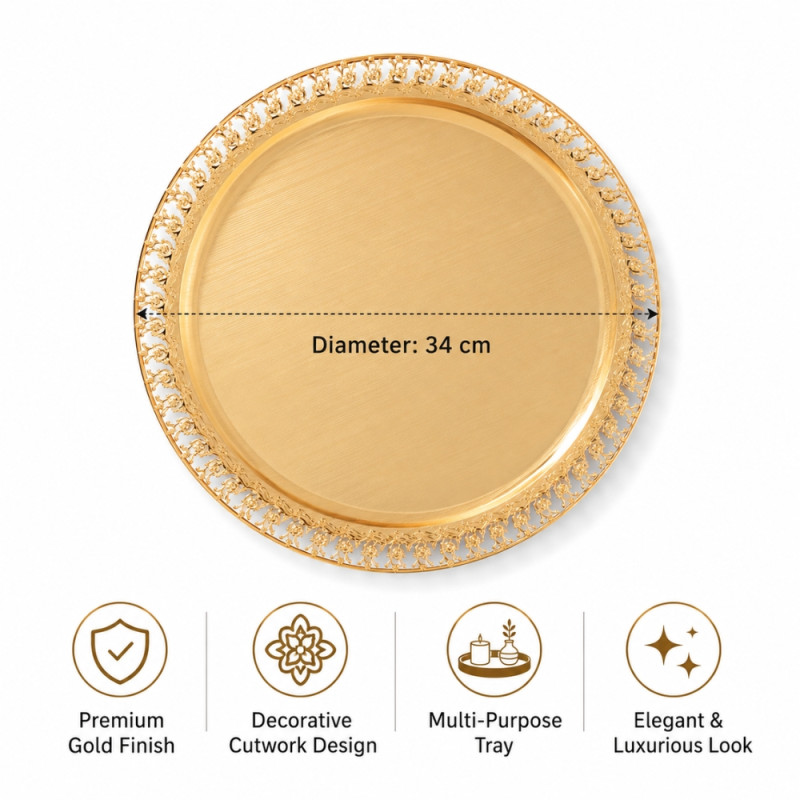 Luxury Round Golden Decorative Serving Tray – Brass &amp; Silver Accents (34cm)