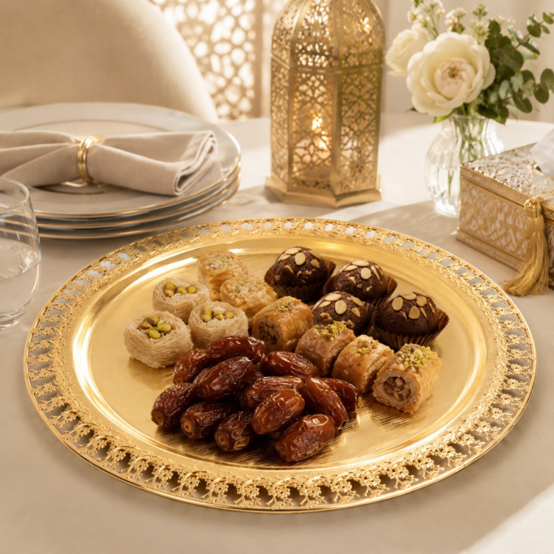Luxury Round Golden Decorative Serving Tray – Brass &amp; Silver Accents (34cm)