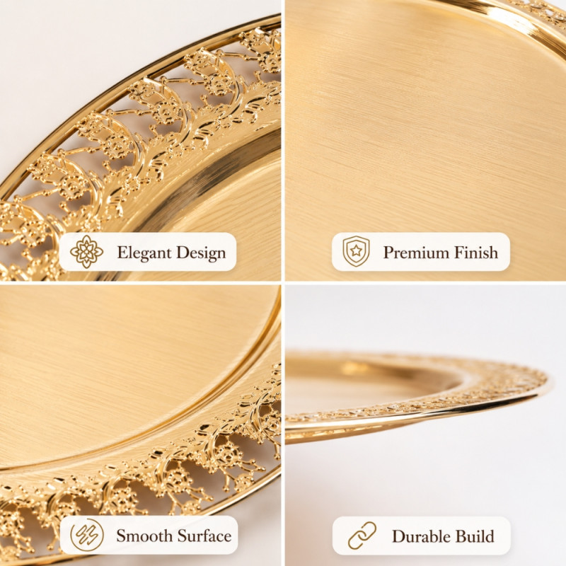 Luxury Round Golden Decorative Serving Tray – Brass &amp; Silver Accents (34cm)
