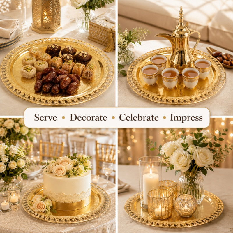 Luxury Round Golden Decorative Serving Tray – Brass &amp; Silver Accents (34cm)