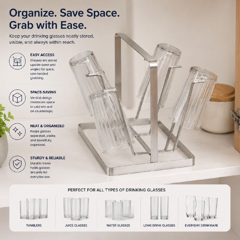 Stainless Steel Cup Drying Rack and Tumbler Organizer with Six Hooks – Silver