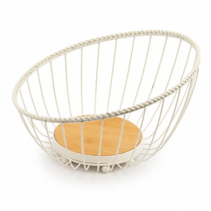 Modern Wire Metal Fruit Basket with Bamboo Base – Minimalist Kitchen Organizer (25x13cm)
