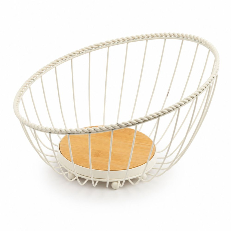 Modern Wire Metal Fruit Basket with Bamboo Base – Minimalist Kitchen Organizer (25x13cm)
