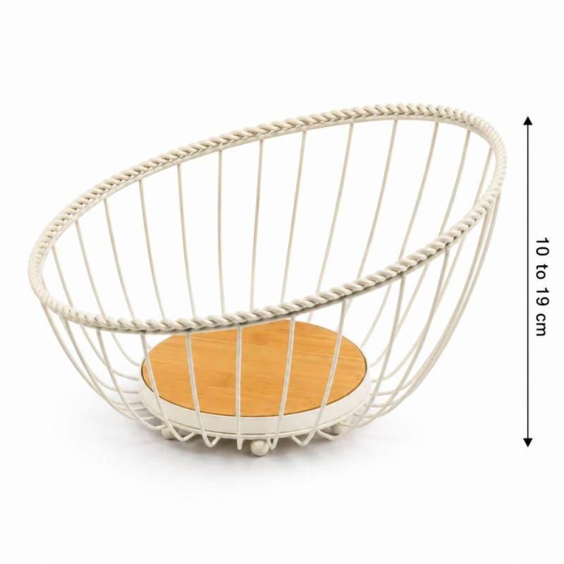 Modern Wire Metal Fruit Basket with Bamboo Base – Minimalist Kitchen Organizer (25x13cm)