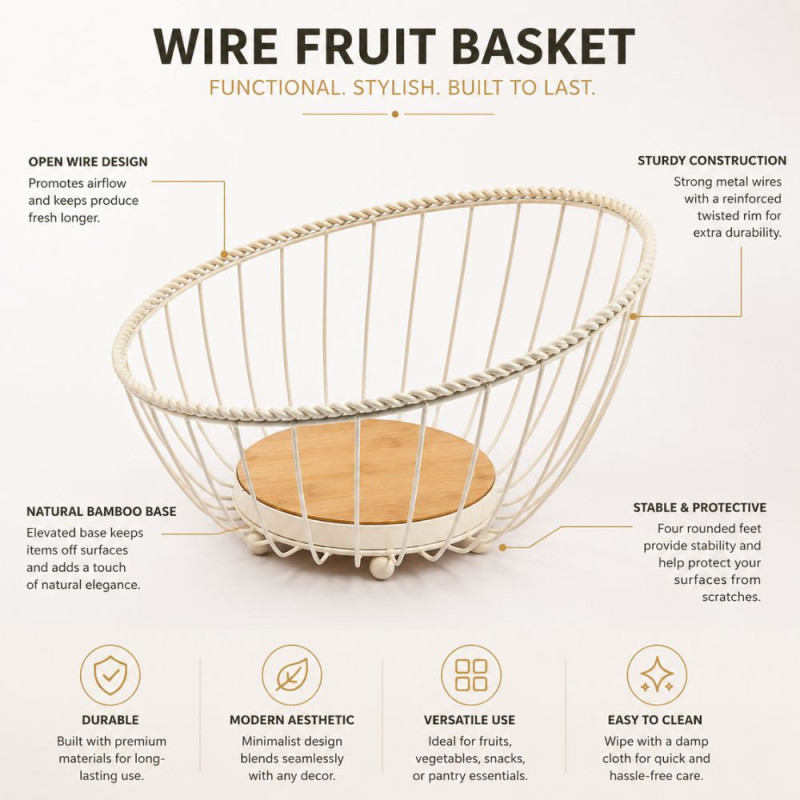 Modern Wire Metal Fruit Basket with Bamboo Base – Minimalist Kitchen Organizer (25x13cm)