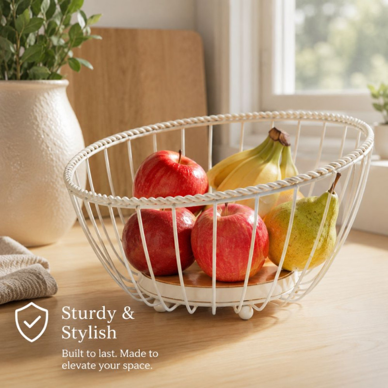 Modern Wire Metal Fruit Basket with Bamboo Base – Minimalist Kitchen Organizer (25x13cm)
