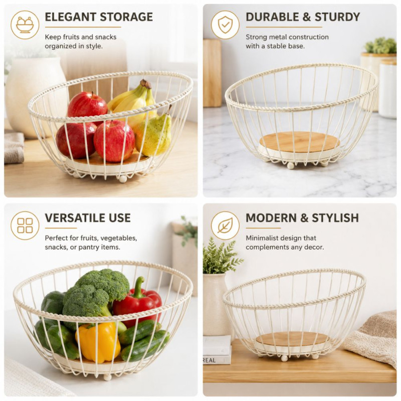 Modern Wire Metal Fruit Basket with Bamboo Base – Minimalist Kitchen Organizer (25x13cm)
