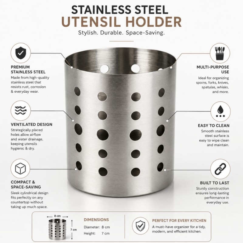 Stainless Steel Cutlery Holder & Utensil Caddy – Perforated Drainage Design (8x7cm)