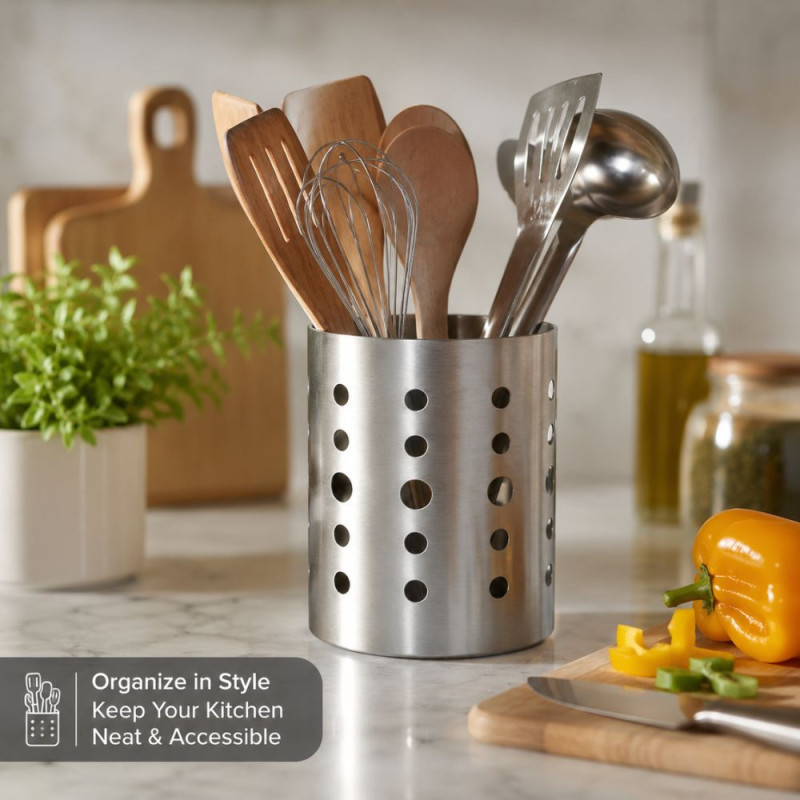 Stainless Steel Cutlery Holder & Utensil Caddy – Perforated Drainage Design (8x7cm)