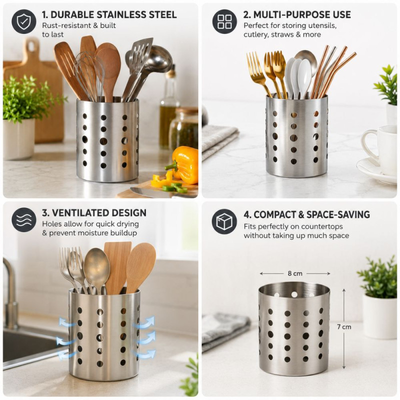 Stainless Steel Cutlery Holder & Utensil Caddy – Perforated Drainage Design (8x7cm)