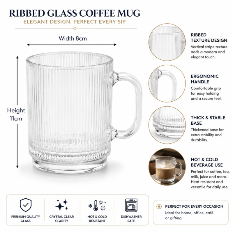 Clear Ribbed Glass Mug with a Comfortable Handle – 11 x 8cm – Transparent