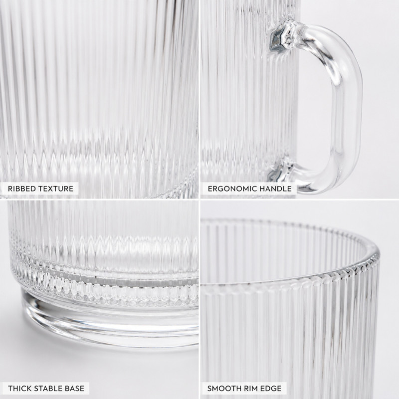 Clear Ribbed Glass Mug with a Comfortable Handle – 11 x 8cm – Transparent