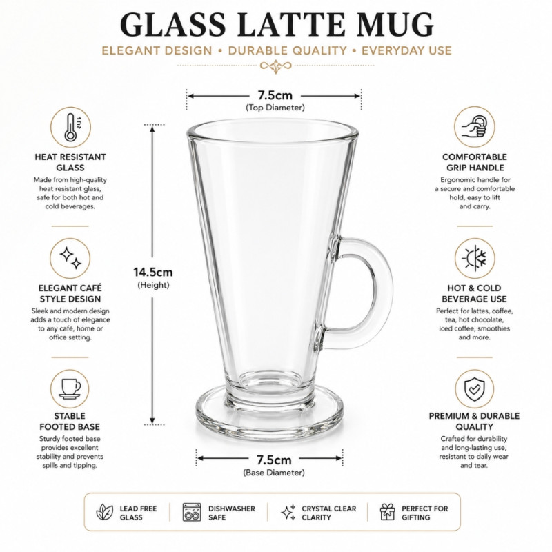Crystal Clear Glass Latte Mug Featuring a Footed Base and Handle – 14.5 x 7.5cm – Transparent