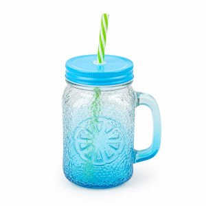 Blue Gradient Citrus Textured Glass Mason Jar Mug – 15.5x8cm