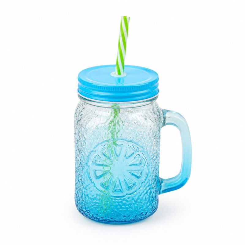 Blue Gradient Citrus Textured Glass Mason Jar Mug – 15.5x8cm