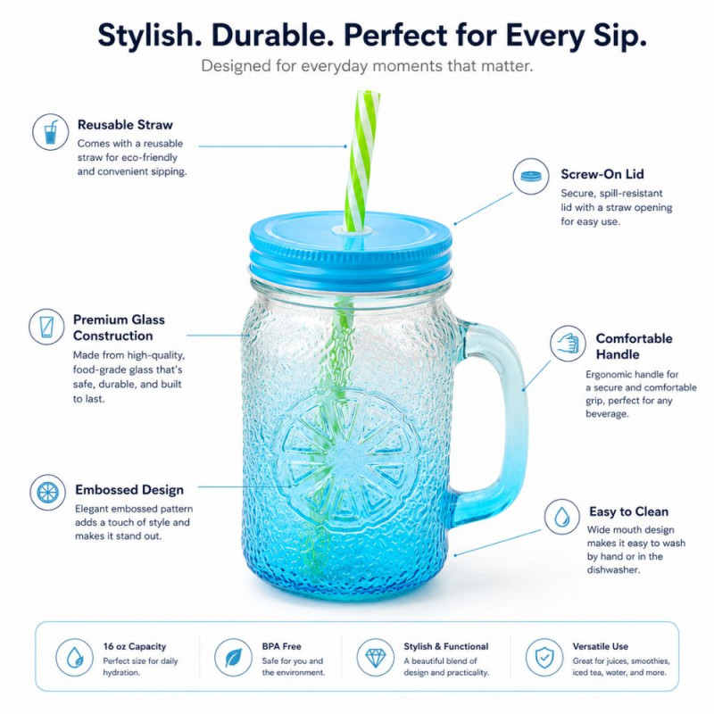 Blue Gradient Citrus Textured Glass Mason Jar Mug – 15.5x8cm