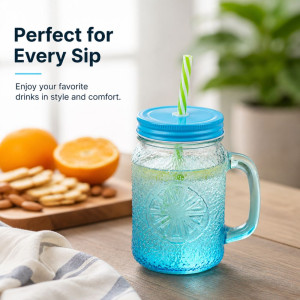 Blue Gradient Citrus Textured Glass Mason Jar Mug – 15.5x8cm