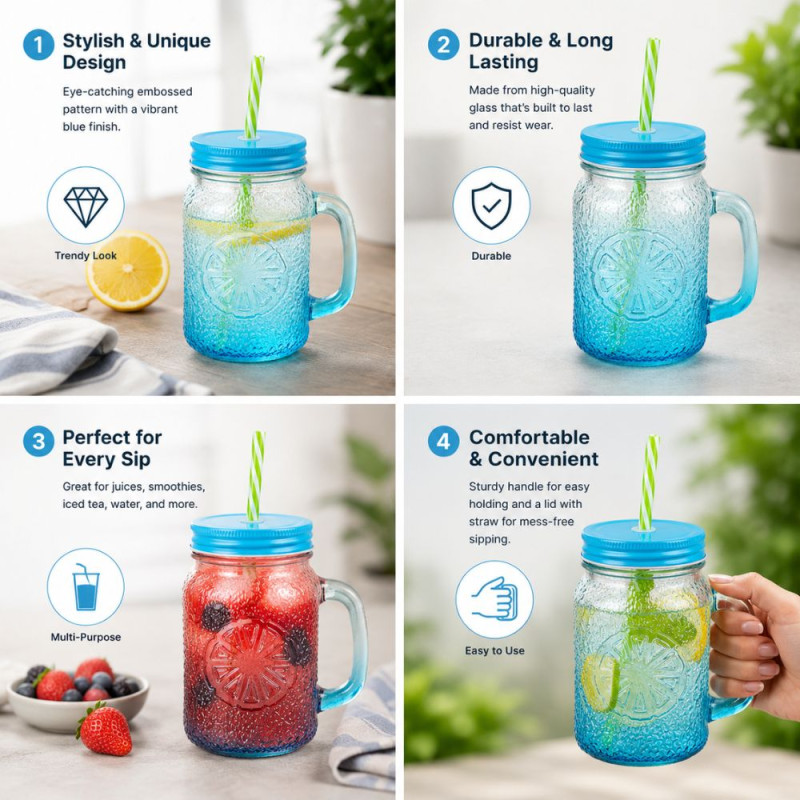 Blue Gradient Citrus Textured Glass Mason Jar Mug – 15.5x8cm