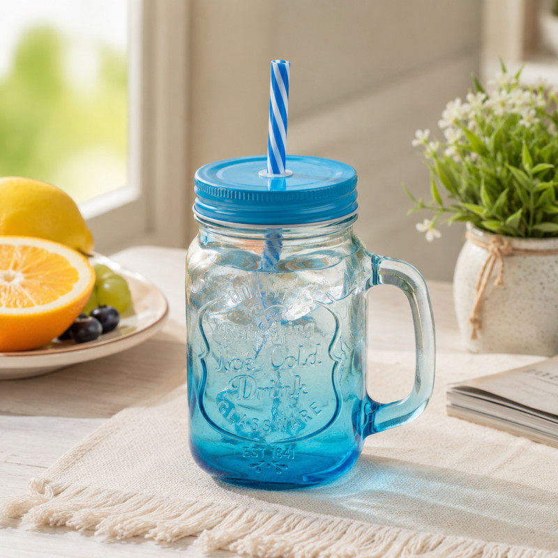 Glass Elegance Mason Jar Mug Designed for Elegant Dining & Entertaining – Sky Blue (H-14.2, W-10.5, L-6.5 CM)