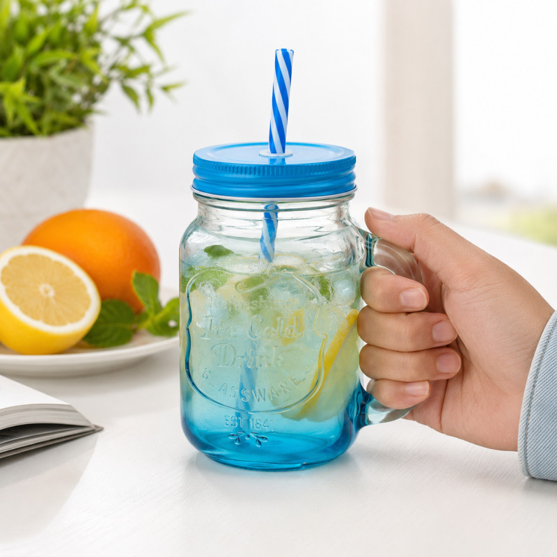 Glass Elegance Mason Jar Mug Designed for Elegant Dining & Entertaining – Sky Blue (H-14.2, W-10.5, L-6.5 CM)