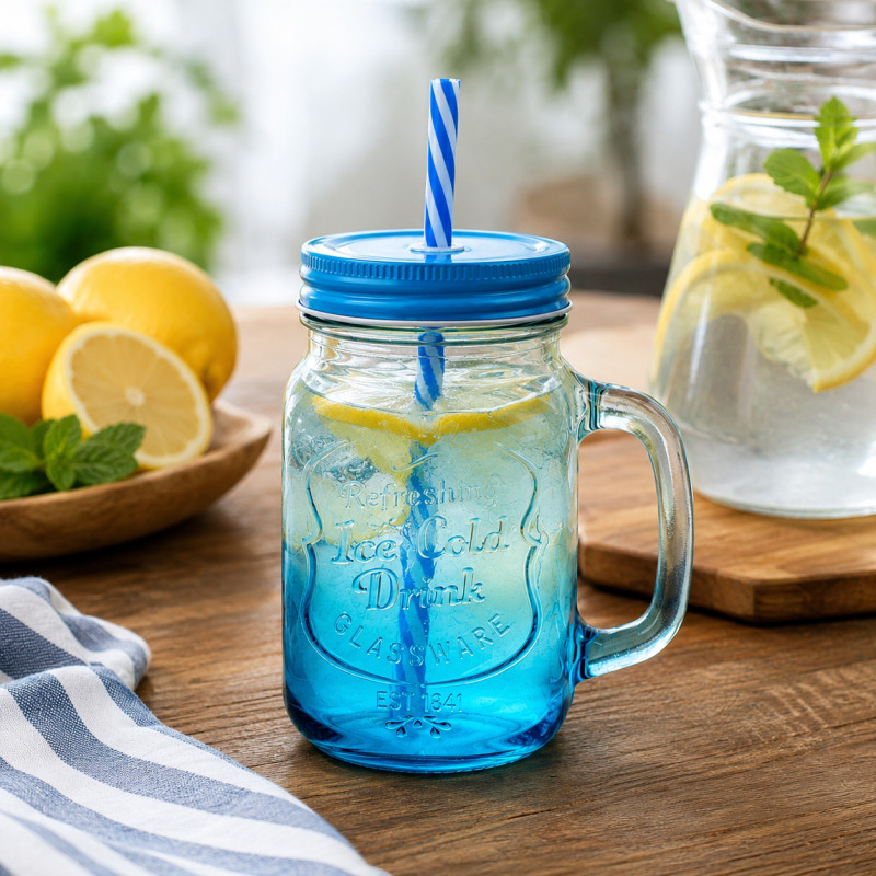 Glass Elegance Mason Jar Mug Designed for Elegant Dining & Entertaining – Sky Blue (H-14.2, W-10.5, L-6.5 CM)