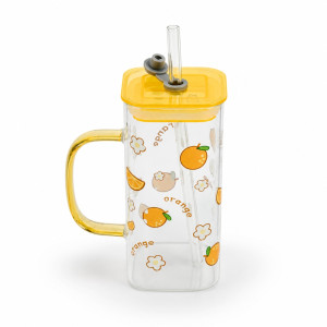 Square Glass Mug with Cute Orange Print, Yellow Lid & Straw – Transparent (14x6cm)