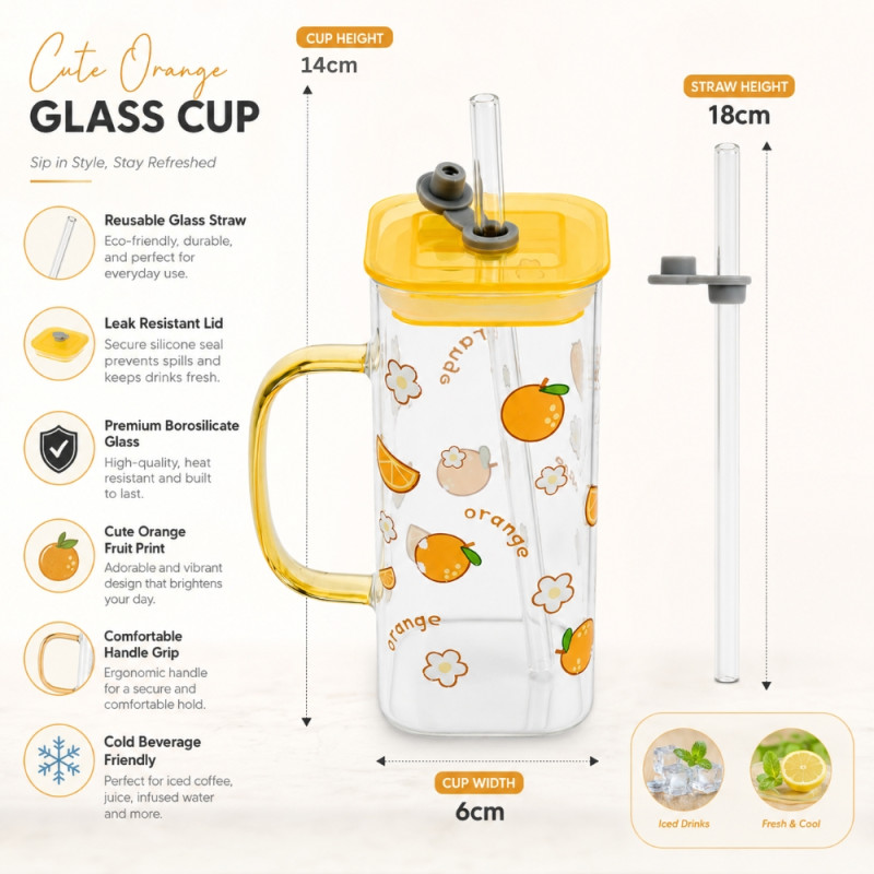 Square Glass Mug with Cute Orange Print, Yellow Lid &amp; Straw – Transparent (14x6cm)