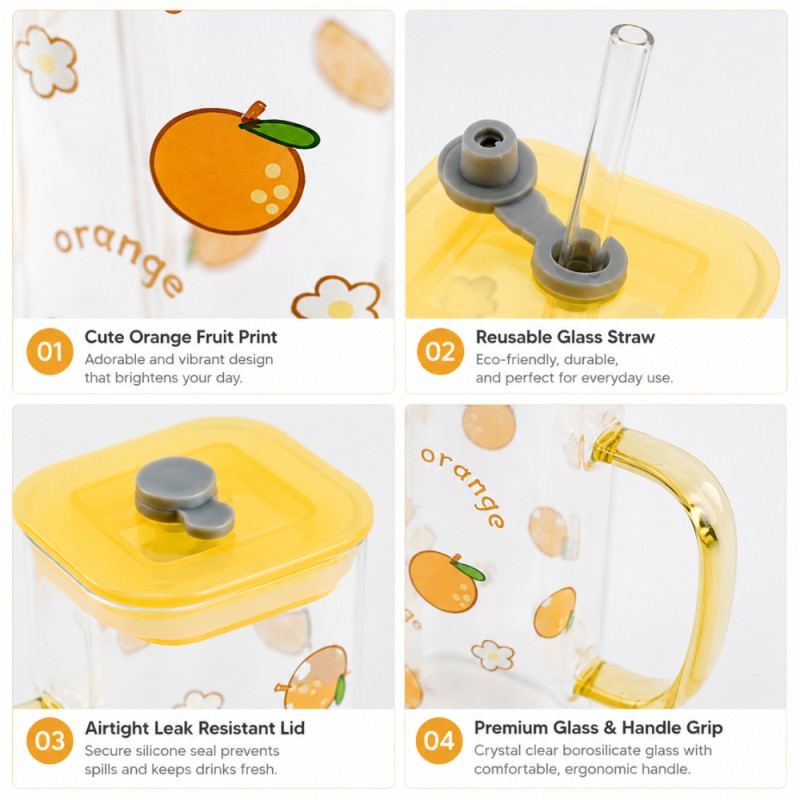 Square Glass Mug with Cute Orange Print, Yellow Lid &amp; Straw – Transparent (14x6cm)