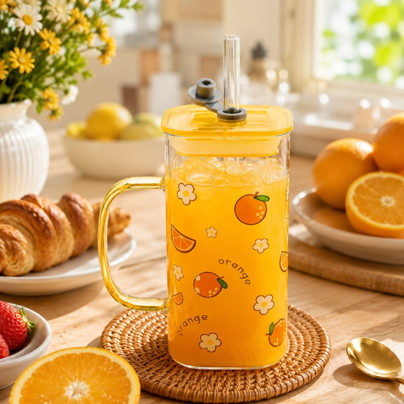 Square Glass Mug with Cute Orange Print, Yellow Lid &amp; Straw – Transparent (14x6cm)
