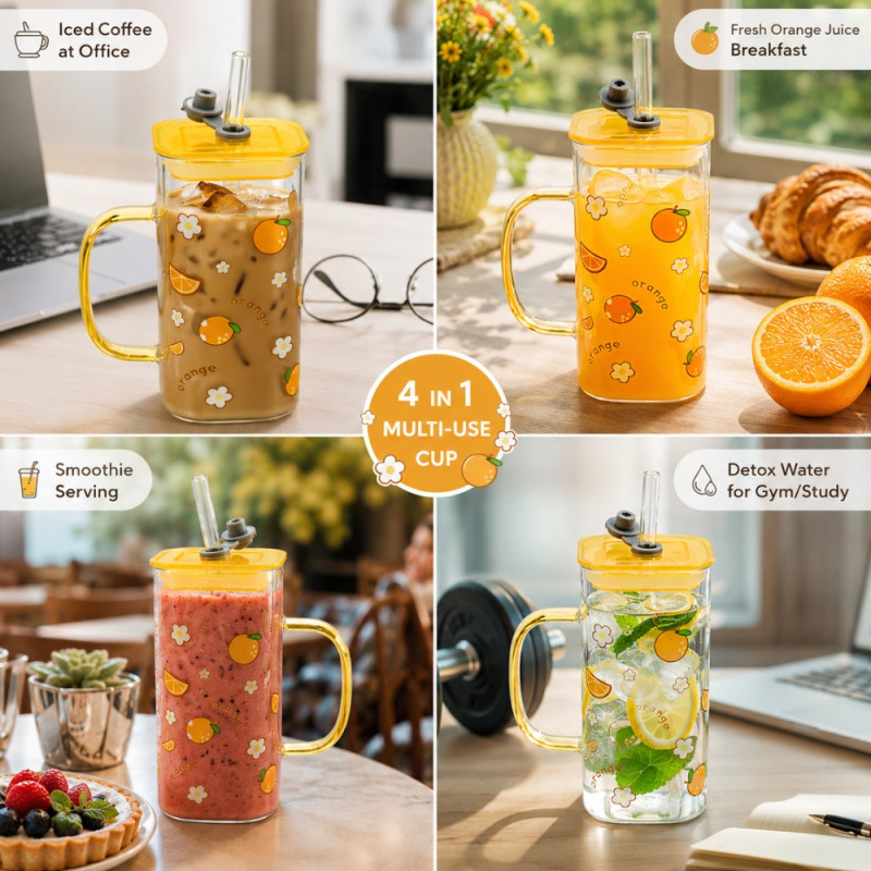 Square Glass Mug with Cute Orange Print, Yellow Lid &amp; Straw – Transparent (14x6cm)