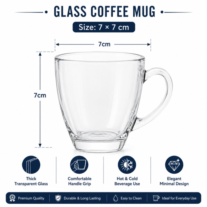 Clear Glass Coffee Mug Designed for Both Hot and Cold Beverages – 7 x 7cm – Transparent