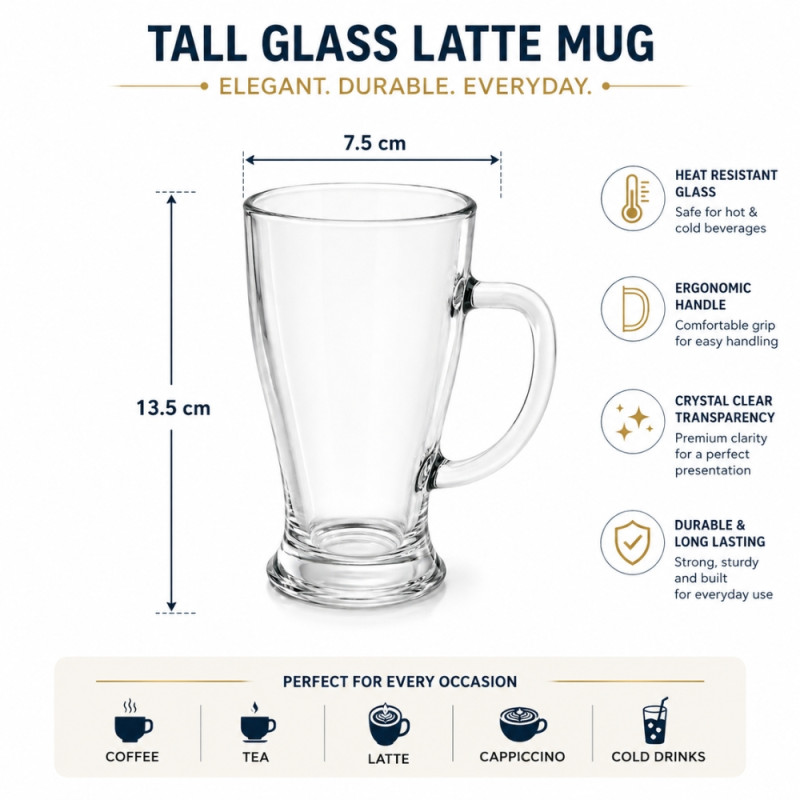 Tall Glass Latte Mug with an Ergonomic Handle – 13.5 x 7.5 cm – Transparent