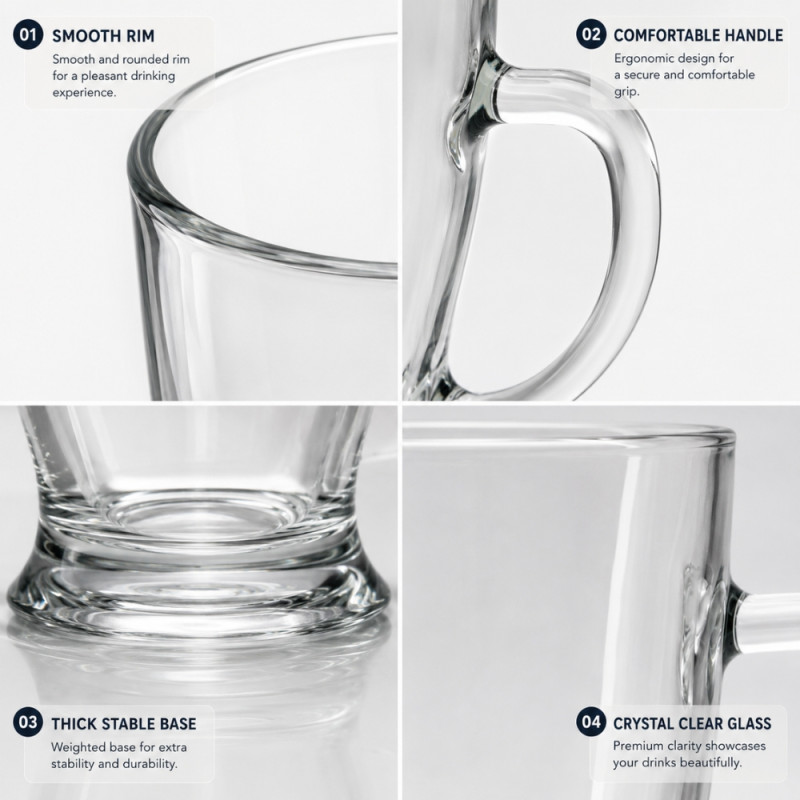 Tall Glass Latte Mug with an Ergonomic Handle – 13.5 x 7.5 cm – Transparent
