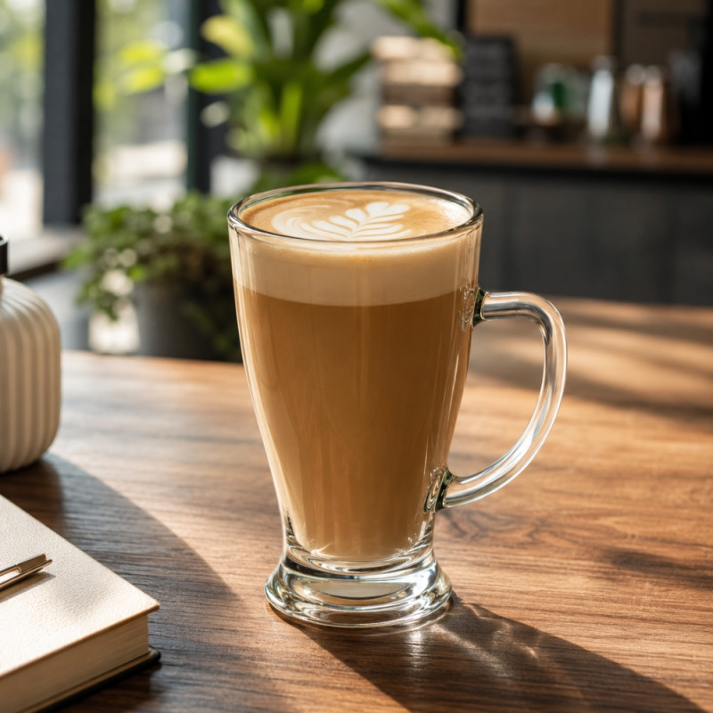 Tall Glass Latte Mug with an Ergonomic Handle – 13.5 x 7.5 cm – Transparent