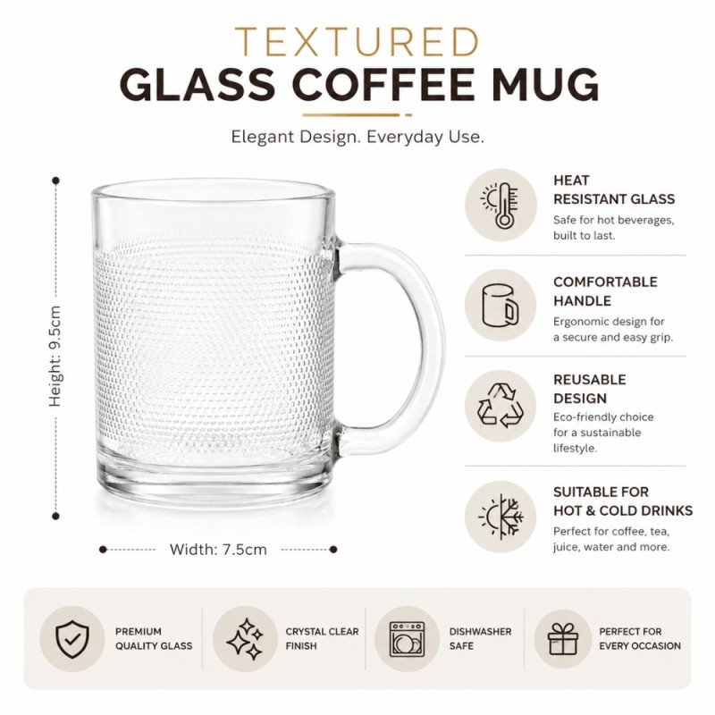Clear Glass Mug Featuring a Textured Dimpled or Dotted Pattern – 9.5 x 7.5cm – Transparent