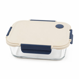 Airtight Glass Food Container with 4-Side Locking Lid – Leak-Proof – Transparent & Ivory (14.5x19.5x7cm)