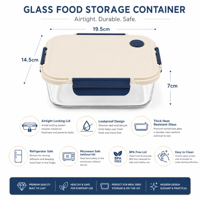 Airtight Glass Food Container with 4-Side Locking Lid – Leak-Proof – Transparent & Ivory (14.5x19.5x7cm)