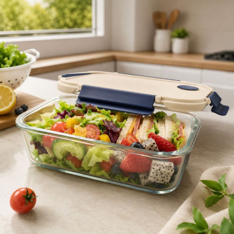 Airtight Glass Food Container with 4-Side Locking Lid – Leak-Proof – Transparent & Ivory (14.5x19.5x7cm)
