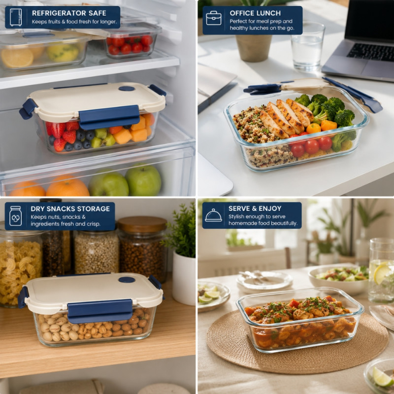 Airtight Glass Food Container with 4-Side Locking Lid – Leak-Proof – Transparent & Ivory (14.5x19.5x7cm)