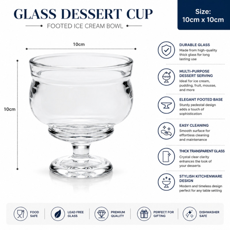 Transparent Glass Jelly Glasses Featuring a Footed Pedestal Base and a Wide, Rounded Body – 10 x 10cm