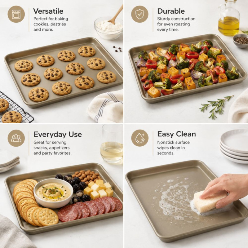 Premium Gold-Colored Carbon Steel Baking Sheet Featuring a Non-Stick Coating and Durable, Warp-Resistant Construction – 34x24cm – Golden Metallic