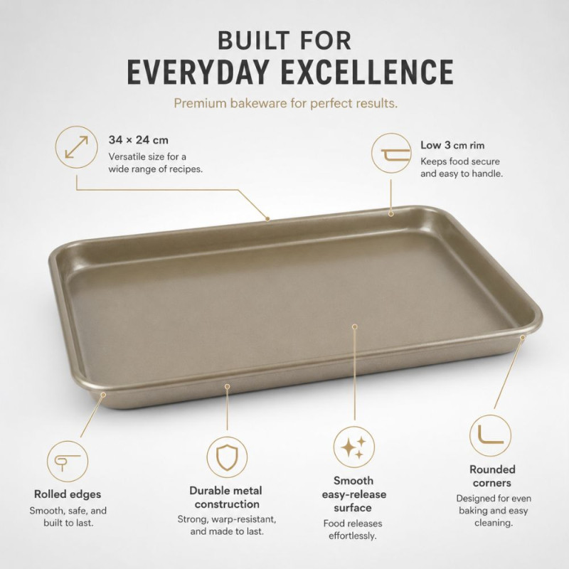 Premium Gold-Colored Carbon Steel Baking Sheet Featuring a Non-Stick Coating and Durable, Warp-Resistant Construction – 34x24cm – Golden Metallic