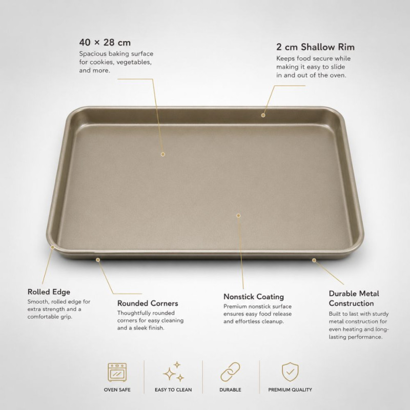 Gold Elegance Rectangular Baking Sheet, Measuring Approximately 40 x 28 cm. – Golden Metallic