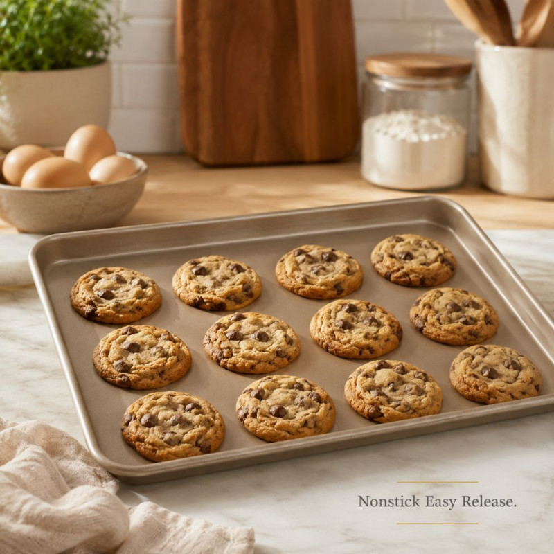 Exclusive gold-colored rectangle baking pan with a non-stick coating and raised edges. – Golden Metallic (30 x 44.5 cm)