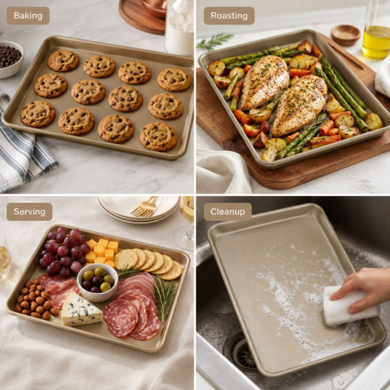 Exclusive gold-colored rectangle baking pan with a non-stick coating and raised edges. – Golden Metallic (30 x 44.5 cm)