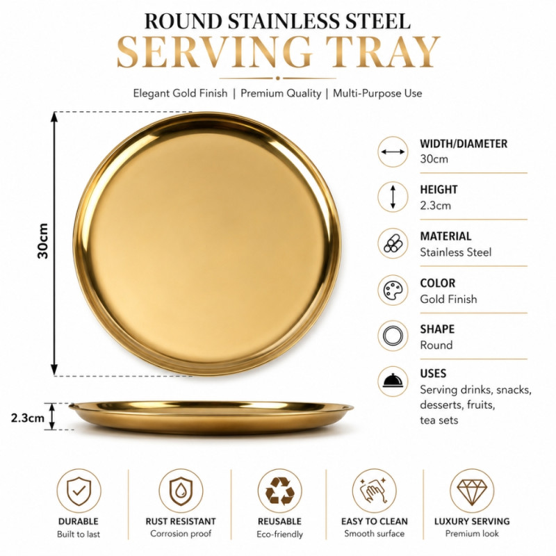Gold-Finished Round Stainless Steel Serving Tray – 30x2.3cm