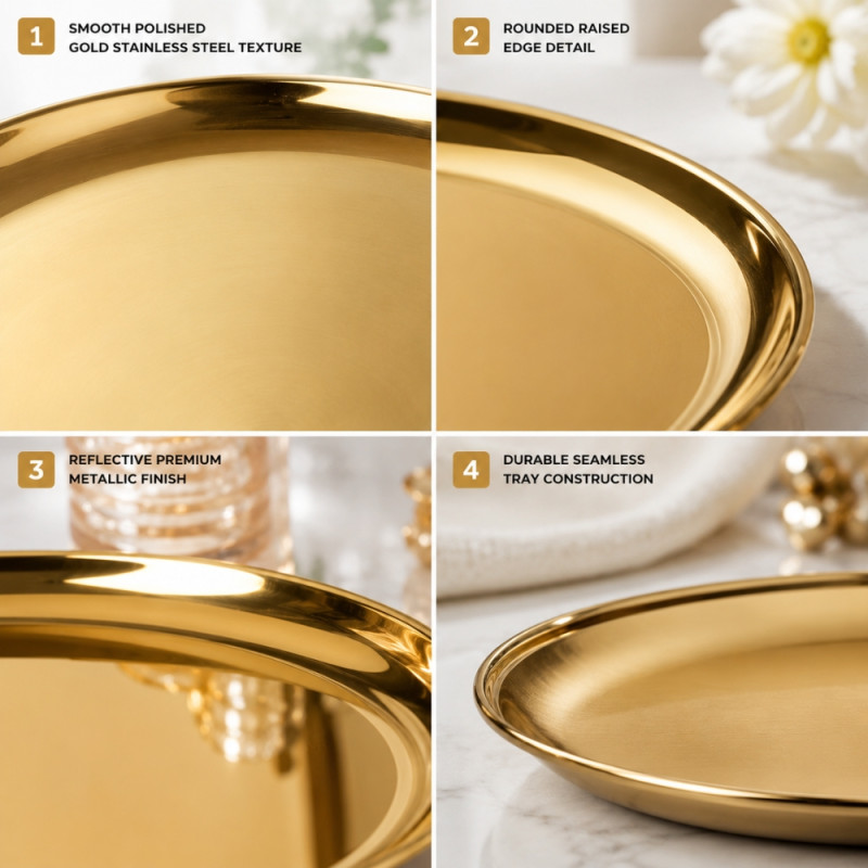 Gold-Finished Round Stainless Steel Serving Tray – 30x2.3cm
