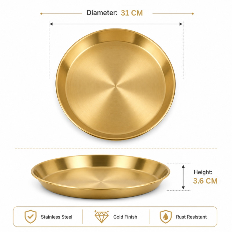 Elegant Round Golden Stainless Steel Serving Tray – Brass Finish (31x3.6cm)