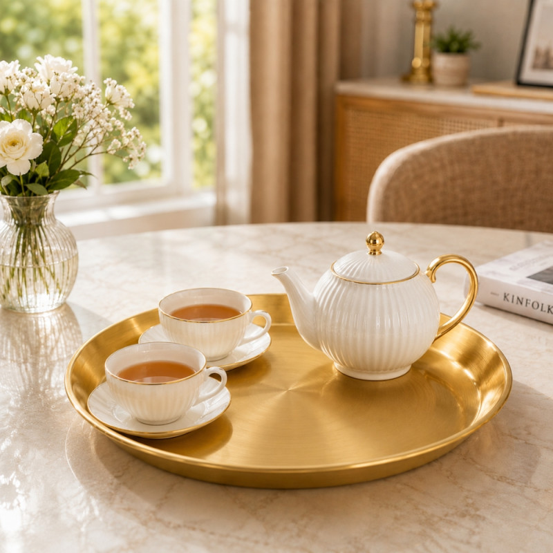 Elegant Round Golden Stainless Steel Serving Tray – Brass Finish (31x3.6cm)