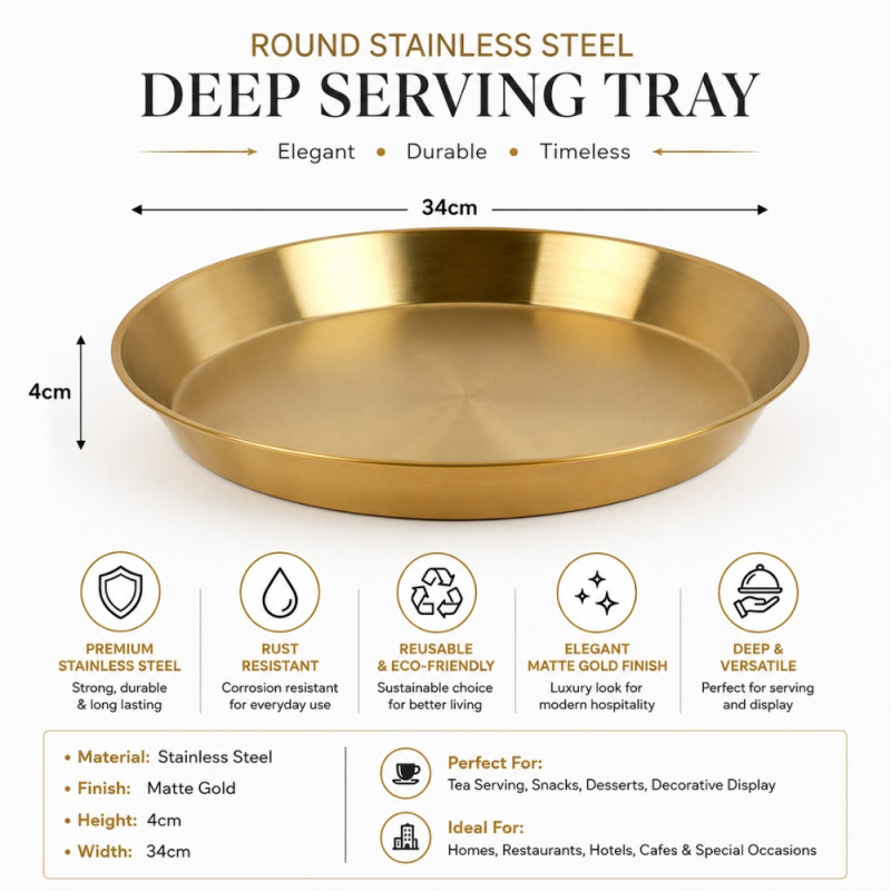 Deep Round Stainless Steel Serving Tray – Gold Matte Finish (34x4cm)